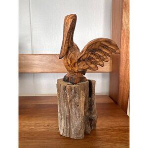Hand-Carved Wooden Pelican Figurine On Driftwood Base Beach Home Decor
